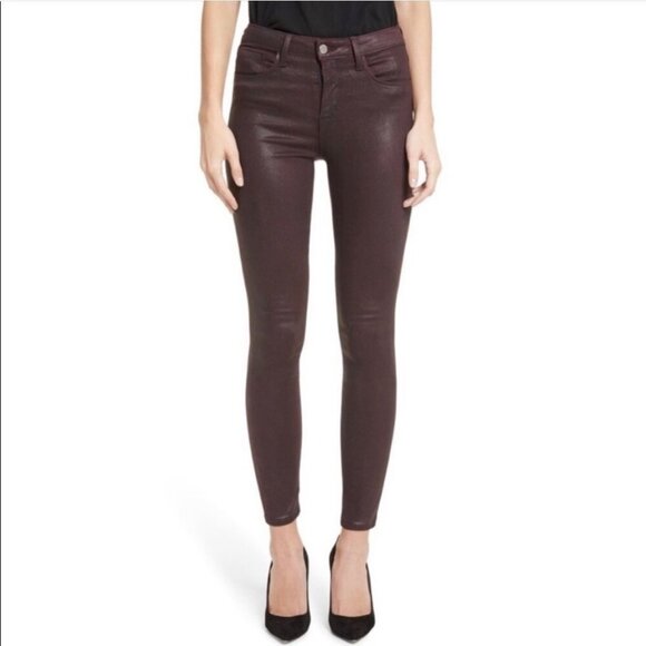 L'Agence Margot High Rise Skinny Jeans in Bordeaux Glitter Coated Size 25